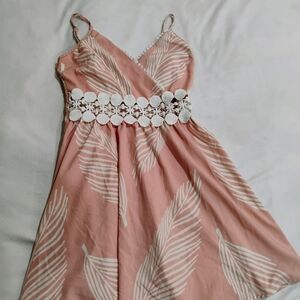 SHEIN Pink and White Leaf Pattern Mini Dress